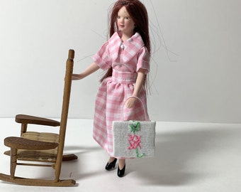 Doll Dress Midcentury Design for 6 inch doll 1:12 scale dollhouse accessory, 3 piece - skirt, blouse and handbag, hand made, doll not inc