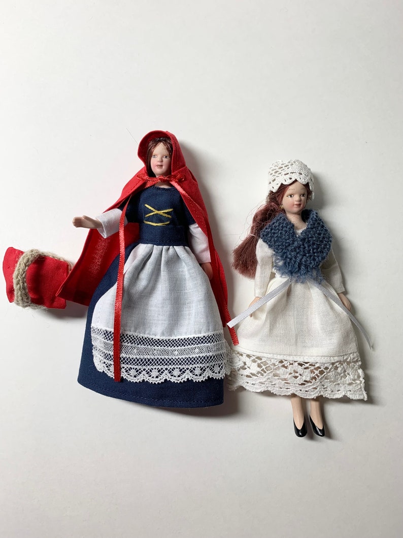 Miniature Red Riding Hood Dress, Cape and Basket, Storybook Character Costume, 1:12 Scale, for 6 inch doll, 4 Piece, Optional Granny Gown Red Riding & Granny
