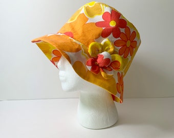 Bucket Style Sun Hat or Chemo Hat made from a Vintage Bed Sheet in Yellow, Orange and White Flower Power fabric, size M-L (<23.5” head)