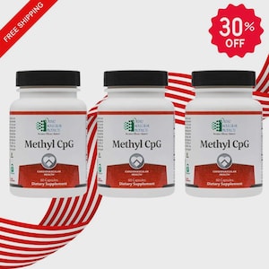 May include: Three white supplement bottles with black caps are displayed. Each bottle has a red and white label with the text "Methyl CpG" and "Cardiovascular Health". A "30% OFF" sticker and a "FREE SHIPPING" banner are also visible.