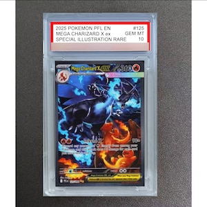 May include: A graded 2025 Pokemon PFL EN #125 Mega Charizard X ex trading card in a clear plastic slab. The card features a dark Mega Charizard X with blue flames, a smaller orange Charizard, and Charmander, labeled GEM MT 10 Special Illustration Rare.