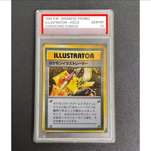 May include: A 1998 Japanese promo Pokémon Illustrator card, graded GEM MT 10, in a protective case. The card features a holographic design and Japanese text. The card has a Pikachu illustration.