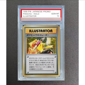 May include: A 1998 Japanese promo Pikachu Illustrator Pokemon trading card encased in a clear plastic PSA slab. The card features a yellow Pikachu holding a paintbrush and pen, with Japanese text and the word ILLUSTRATOR printed on the front.