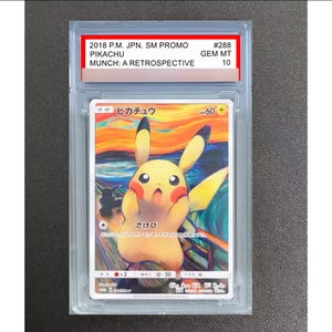 May include: A graded 2018 P.M. JPN. SM PROMO #288 Pikachu Munch: A Retrospective trading card in a clear plastic slab. The card features a yellow Pikachu with red cheeks in a stylized pose against a swirling orange, blue, and black background.