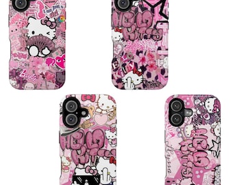 Hello Kitty Phone Case Pink Collage, Sanrio Cute Kitty Case, Kawaii Aesthetic iPhone Case, Girly Cartoon Phone Cover for iPhone Samsung