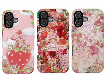 Strawberry Shortcake Inspired Cute Phone Case, Pink Kawaii Aesthetic iPhone Case, Sweet Girl Cartoon Style Cover