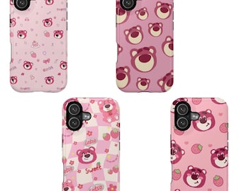 Lotso Bear Phone Case Pink Aesthetic, Toy Story Lotso Strawberry iPhone Case, Disney Pixar Cute Cartoon Bear Cover, Kawaii Sweet Case