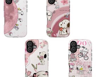 Snoopy Phone Case Cute Pink Aesthetic, Peanuts Cartoon iPhone Case, Kawaii Dog Floral Strawberry Cover, Snoopy Lover Gift