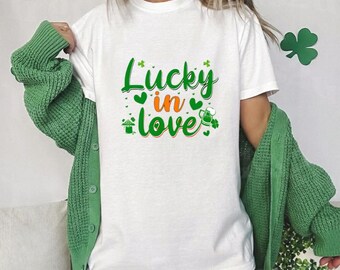 Lucky In Love St Patricks Day Shirt, Shamrock Graphic Tee