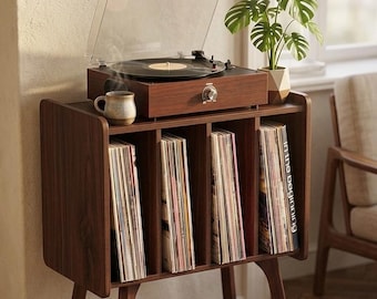Walnut Record Player Stand - Mid-Century Vinyl Storage Table with 4 Cubes for 80+ Albums - Small End Table & Nightstand with Wood Legs
