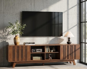 Mid Century Modern Walnut TV Stand for 70 75 inch TV - Luxury Slatted Media Console with Power Outlet - Large Minimalist Wood Entertainment