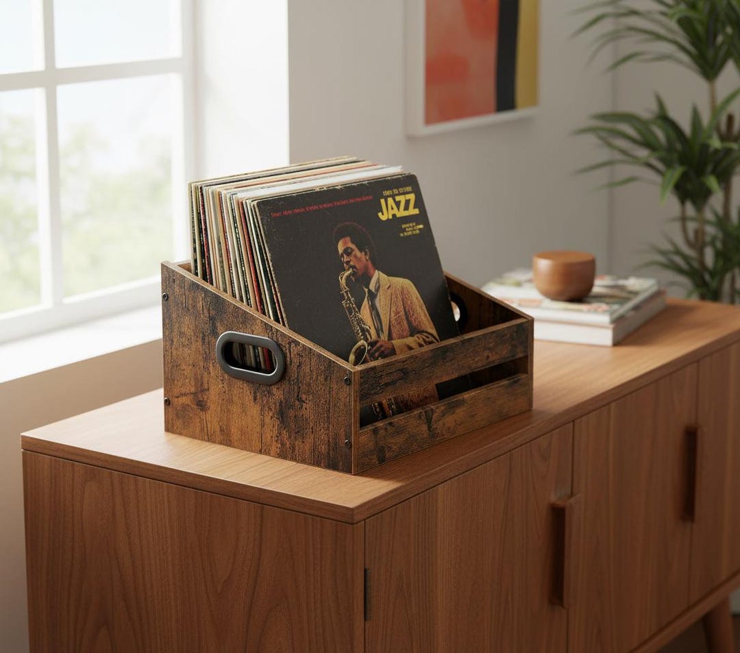 Rustic Brown Wooden Vinyl Record Crate - Trapezoidal LP Storage - Etsy