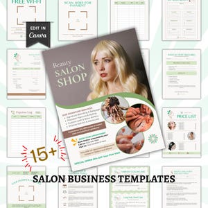 Könnte beinhalten: Eine Sammlung von Vorlagen für Friseursalons, darunter Preislisten, Spesenabrechnungen und Terminformulare. Das zentrale Bild zeigt eine blonde Frau, die für Friseurdienstleistungen wie Haarschnitte und Maniküre wirbt. Der Text enthält "Beauty Salon Shop" und "Edit in Canva."
