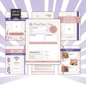 May include: A collection of floral business templates in shades of purple, pink, and white. Includes an order form, price list, welcome sign with Wi-Fi access, invoice, and payment scan code. The text "Edit in Canva" is visible.