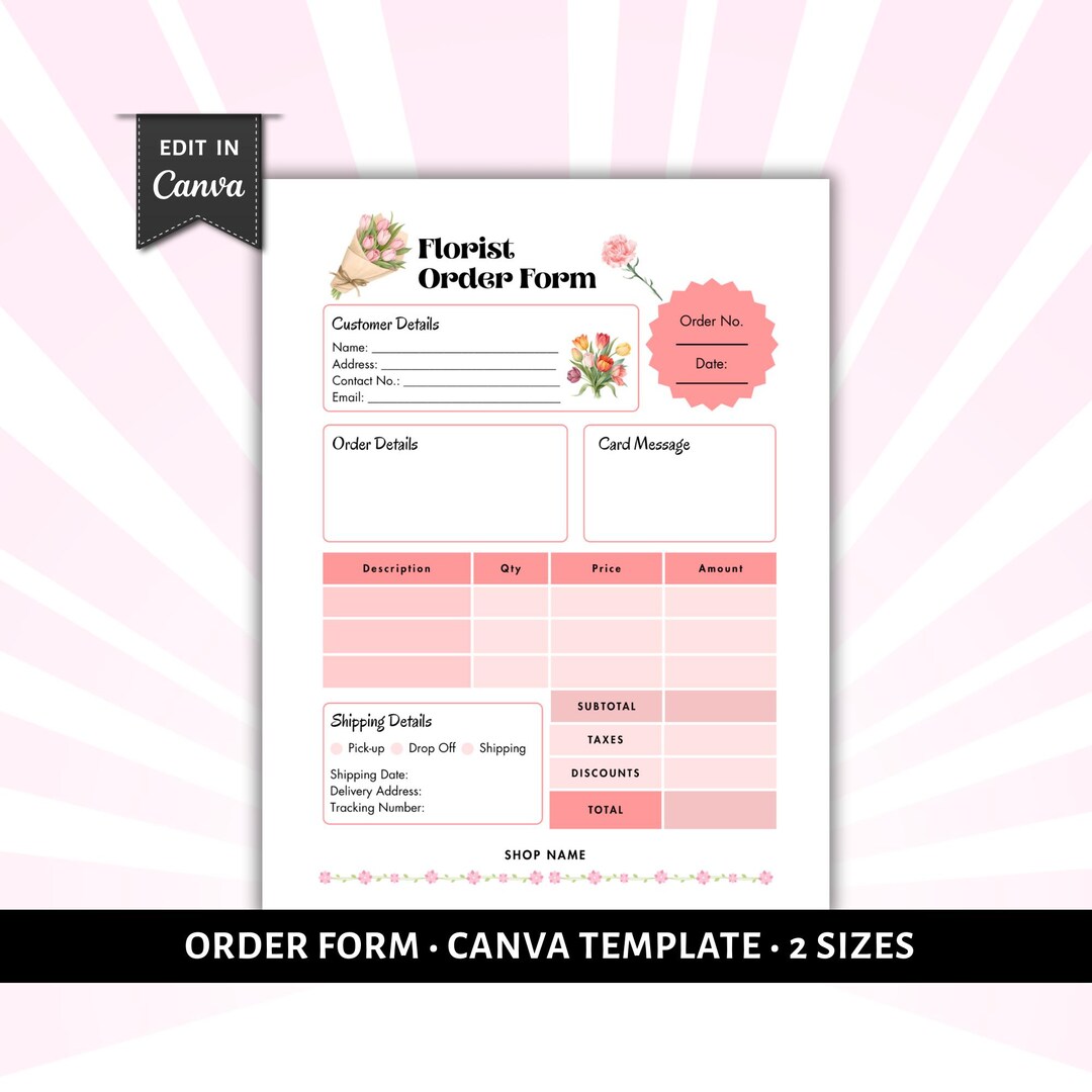 Peach Pink Florist Order Form, Flower Shop Custom Business Form ...