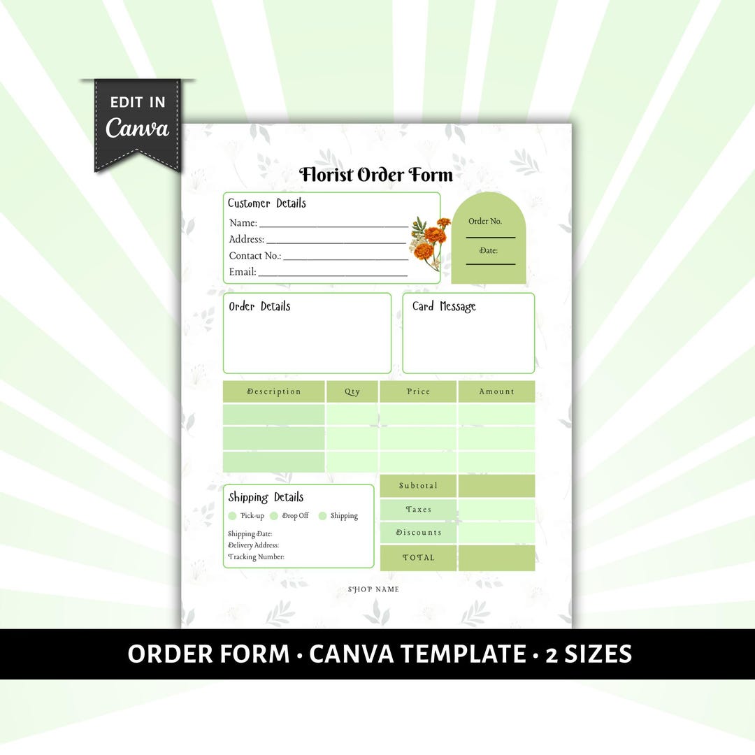 Green Florist Order Form, Botanical Flower Shop Custom Business Form ...