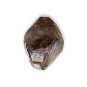 May include: A polished, brown crystal with a faceted surface. The crystal has a smooth, rounded shape with a pointed top and a lighter, reflective area on one side. The overall color is a mix of light and dark browns.