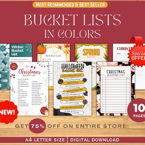 Puede incluir: Una colecci&oacute;n de listas de deseos digitales con varios temas de temporada, incluyendo invierno, oto&ntilde;o, primavera, Navidad y Halloween. La imagen presenta dise&ntilde;os coloridos con texto como "Bucket Lists in Colors" y "Digital Download."