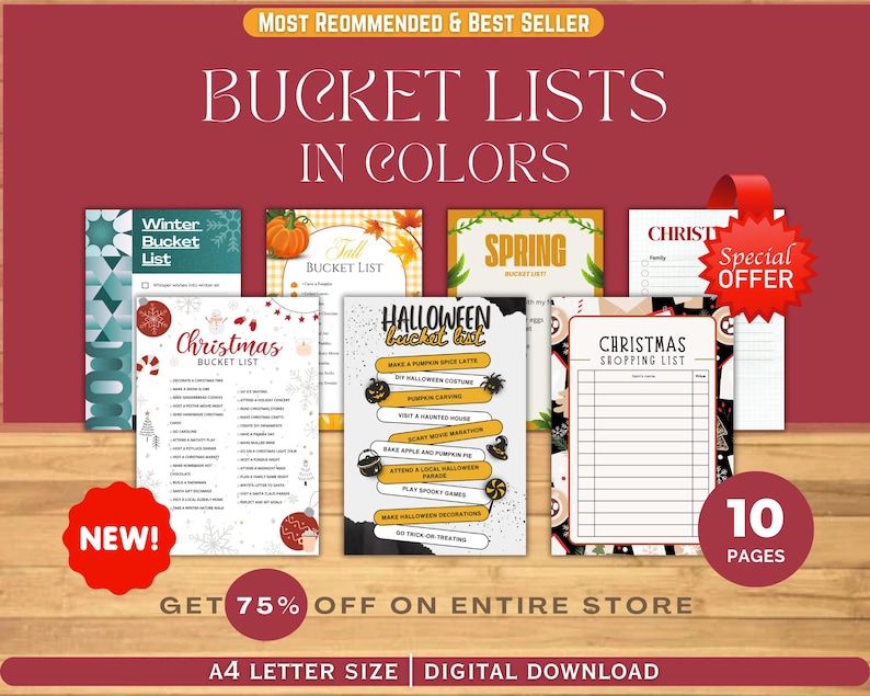 Puede incluir: Una colecci&oacute;n de listas de deseos digitales con varios temas de temporada, incluyendo invierno, oto&ntilde;o, primavera, Navidad y Halloween. La imagen presenta dise&ntilde;os coloridos con texto como "Bucket Lists in Colors" y "Digital Download."