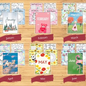 Puede incluir: Una colecci&oacute;n de rastreadores de h&aacute;bitos para diferentes meses, incluyendo enero, febrero, marzo, abril, mayo y junio. Cada rastreador presenta ilustraciones y dise&ntilde;os &uacute;nicos, como una casa en enero y un flamenco en junio.