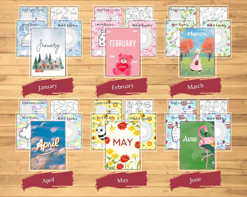 Puede incluir: Una colecci&oacute;n de rastreadores de h&aacute;bitos para diferentes meses, incluyendo enero, febrero, marzo, abril, mayo y junio. Cada rastreador presenta ilustraciones y dise&ntilde;os &uacute;nicos, como una casa en enero y un flamenco en junio.