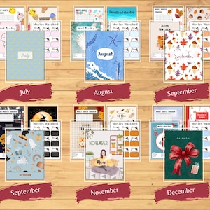 Puede incluir: Una colecci&oacute;n de p&aacute;ginas de planificador mensuales, incluyendo julio, agosto, septiembre, octubre, noviembre y diciembre. Cada planificador presenta dise&ntilde;os &uacute;nicos y el nombre del mes.