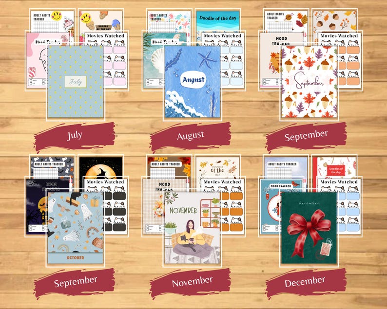 Puede incluir: Una colecci&oacute;n de p&aacute;ginas de planificador mensuales, incluyendo julio, agosto, septiembre, octubre, noviembre y diciembre. Cada planificador presenta dise&ntilde;os &uacute;nicos y el nombre del mes.