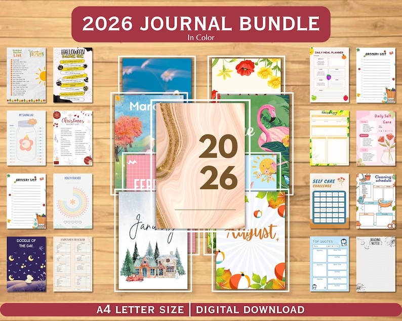 Puede incluir: Un conjunto de p&aacute;ginas de diario imprimibles para 2026, que incluyen calendarios mensuales, planificadores diarios y p&aacute;ginas tem&aacute;ticas para Halloween y Navidad. Las p&aacute;ginas son a color y tama&ntilde;o A4, disponibles como descarga digital.