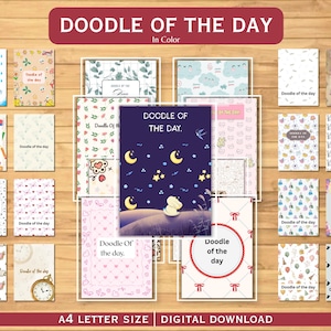 Puede incluir: Una colecci&oacute;n de impresiones art&iacute;sticas digitales para descargar con el texto "Doodle of the Day". Las impresiones presentan varios dise&ntilde;os, incluyendo una escena de cielo nocturno con lunas y estrellas, patrones florales e ilustraciones caprichosas. Las impresiones son de tama&ntilde;o A4.