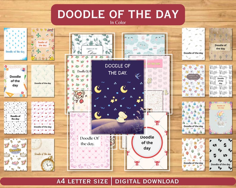 Puede incluir: Una colecci&oacute;n de impresiones art&iacute;sticas digitales para descargar con el texto "Doodle of the Day". Las impresiones presentan varios dise&ntilde;os, incluyendo una escena de cielo nocturno con lunas y estrellas, patrones florales e ilustraciones caprichosas. Las impresiones son de tama&ntilde;o A4.