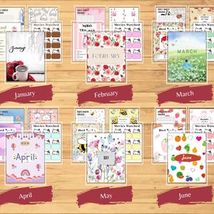 Puede incluir: Una colecci&oacute;n de rastreadores de h&aacute;bitos e imprimibles de planificaci&oacute;n para enero a junio. Cada p&aacute;gina presenta un dise&ntilde;o diferente, incluyendo patrones florales, un campo de flores e ilustraciones bonitas. Los meses est&aacute;n etiquetados en una pancarta burdeos.