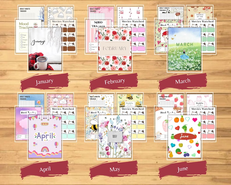 Puede incluir: Una colecci&oacute;n de rastreadores de h&aacute;bitos e imprimibles de planificaci&oacute;n para enero a junio. Cada p&aacute;gina presenta un dise&ntilde;o diferente, incluyendo patrones florales, un campo de flores e ilustraciones bonitas. Los meses est&aacute;n etiquetados en una pancarta burdeos.