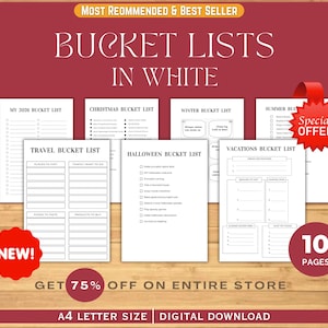 Puede incluir: Una colecci&oacute;n de plantillas de listas de deseos en blanco con varios temas, incluyendo viajes, Navidad y Halloween. El texto "BUCKET LISTS IN WHITE" se muestra en la parte superior. La imagen incluye una pegatina de "Oferta especial" y "&iexcl;Nuevo!", e indica "10 p&aacute;ginas".
