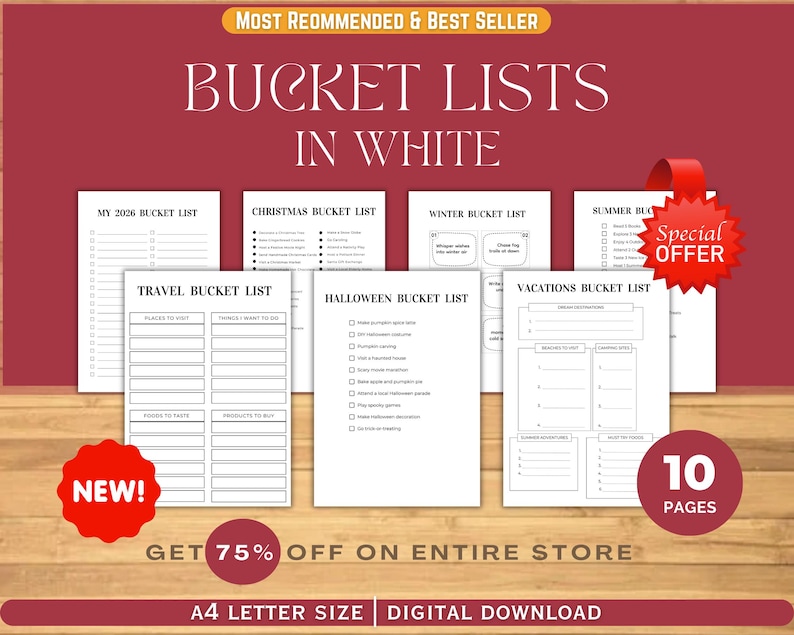 Puede incluir: Una colecci&oacute;n de plantillas de listas de deseos en blanco con varios temas, incluyendo viajes, Navidad y Halloween. El texto "BUCKET LISTS IN WHITE" se muestra en la parte superior. La imagen incluye una pegatina de "Oferta especial" y "&iexcl;Nuevo!", e indica "10 p&aacute;ginas".
