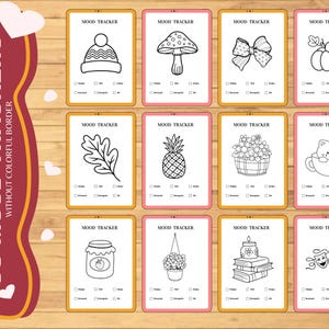Puede incluir: Un conjunto de 30 tarjetas de seguimiento del estado de &aacute;nimo con varias ilustraciones en blanco y negro, incluyendo un sombrero, una seta, un lazo, una calabaza, una hoja de roble, una pi&ntilde;a, flores, un gato en una taza, un tarro de mermelada, una planta colgante, una vela y m&aacute;scaras de teatro.