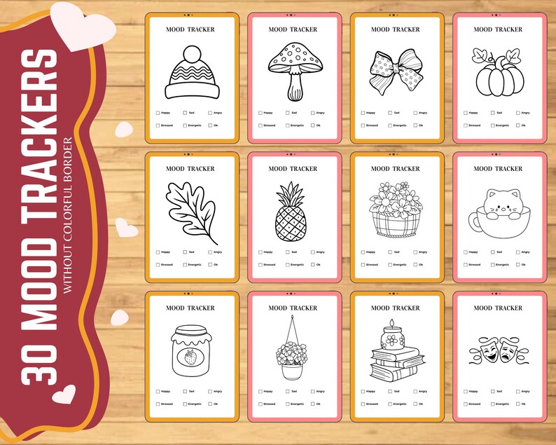 Puede incluir: Un conjunto de 30 tarjetas de seguimiento del estado de &aacute;nimo con varias ilustraciones en blanco y negro, incluyendo un sombrero, una seta, un lazo, una calabaza, una hoja de roble, una pi&ntilde;a, flores, un gato en una taza, un tarro de mermelada, una planta colgante, una vela y m&aacute;scaras de teatro.
