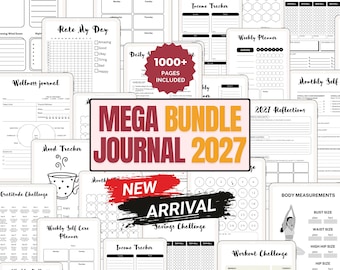 Agenda y diario todo en uno: Paquete gigante 2027 con diario imprimible, rastreadores anuales de hábitos y estado de ánimo.