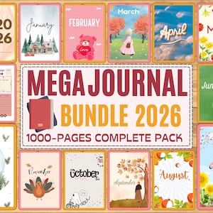 Pode incluir: Apresentação de um Mega Journal Bundle 2026, com capas de diário mensais ilustradas. O pacote inclui um planejador diário e um pacote completo de 1000 páginas. Cada mês tem um design único, como um urso de pelúcia para fevereiro.