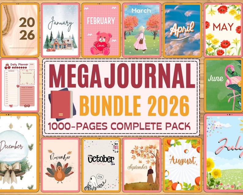 Puede incluir: Se muestra un Mega Journal Bundle 2026, con portadas de diario mensuales ilustradas. El paquete incluye un planificador diario y un paquete completo de 1000 p&aacute;ginas. Cada mes tiene un dise&ntilde;o &uacute;nico, como un oso de peluche para febrero.