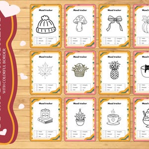 Puede incluir: Un conjunto de 30 tarjetas de seguimiento del estado de &aacute;nimo con un borde colorido. Cada tarjeta presenta una ilustraci&oacute;n en blanco y negro, como un sombrero, una seta, un lazo y una calabaza, con casillas de verificaci&oacute;n para el seguimiento del estado de &aacute;nimo.