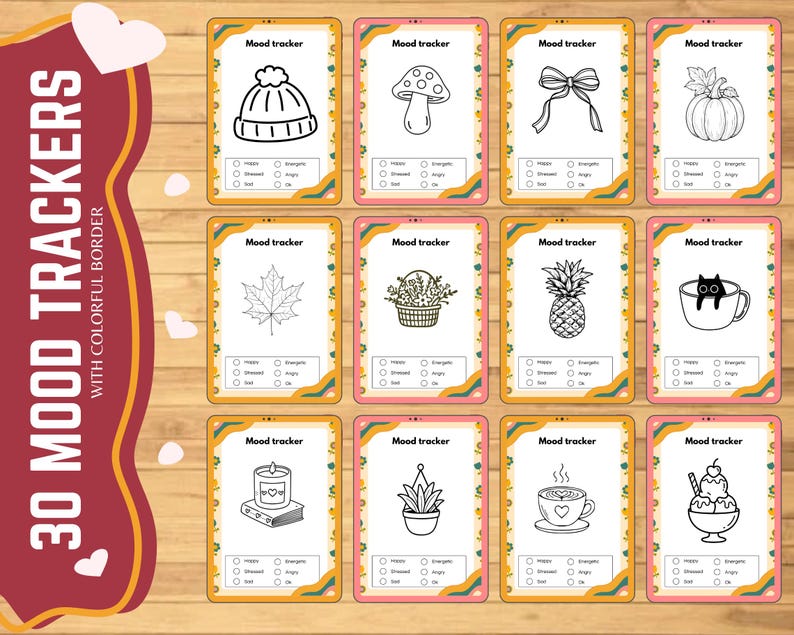 Puede incluir: Un conjunto de 30 tarjetas de seguimiento del estado de &aacute;nimo con un borde colorido. Cada tarjeta presenta una ilustraci&oacute;n en blanco y negro, como un sombrero, una seta, un lazo y una calabaza, con casillas de verificaci&oacute;n para el seguimiento del estado de &aacute;nimo.