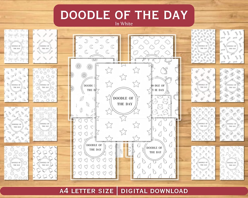 Puede incluir: Una colecci&oacute;n de p&aacute;ginas imprimibles digitales blancas con varios patrones de garabatos, incluyendo estrellas, corazones y lunas. Cada p&aacute;gina presenta el texto "DOODLE OF THE DAY" en un marco circular. Tambi&eacute;n se ve el texto "A4 LETTER SIZE DIGITAL DOWNLOAD".