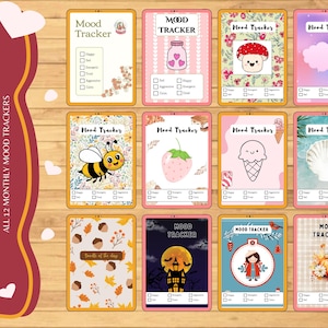 Puede incluir: Un conjunto de 12 tarjetas de seguimiento del estado de &aacute;nimo mensual con varios dise&ntilde;os, incluyendo un hongo, una fresa y un helado. Cada tarjeta presenta una lista de verificaci&oacute;n de seguimiento del estado de &aacute;nimo y el texto "Mood Tracker".