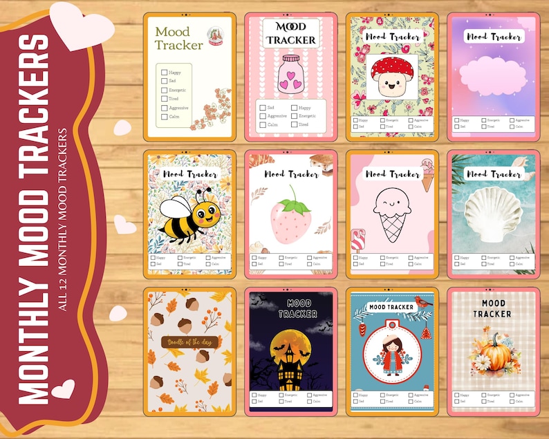 Puede incluir: Un conjunto de 12 tarjetas de seguimiento del estado de &aacute;nimo mensual con varios dise&ntilde;os, incluyendo un hongo, una fresa y un helado. Cada tarjeta presenta una lista de verificaci&oacute;n de seguimiento del estado de &aacute;nimo y el texto "Mood Tracker".