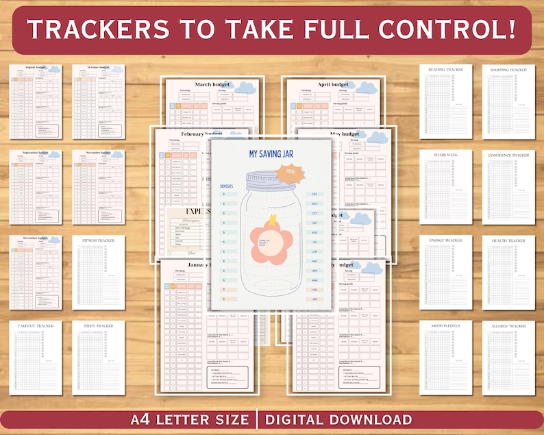 Puede incluir: Una colecci&oacute;n de rastreadores financieros imprimibles, incluidos rastreadores de presupuesto, ahorro y gastos. La imagen central presenta un gr&aacute;fico de tarro con el texto "MY SAVING JAR". El texto "TRACKERS TO TAKE FULL CONTROL!" est&aacute; en la parte superior. El texto inferior dice "A4 LETTER SIZE DIGITAL DOWNLOAD".