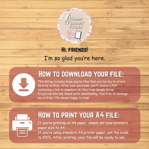 Puede incluir: Un fondo de madera con texto que dice "Hi, FRIENDS! I'm so glad you're here." e instrucciones sobre c&oacute;mo descargar e imprimir archivos. Un logotipo con el texto "Plume Planner Prints" est&aacute; en la parte superior.