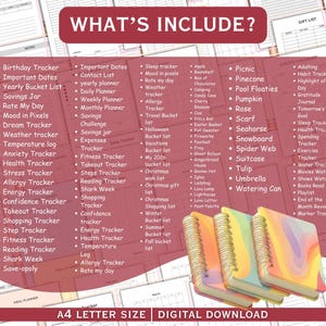 Puede incluir: Imagen de descarga digital con p&aacute;ginas de planificador imprimibles con rastreadores de estado de &aacute;nimo, salud y finanzas. La imagen tambi&eacute;n muestra tres cuadernos con espiral con cubiertas coloridas. El texto de la imagen dice "WHAT'S INCLUDE?" y "A4 LETTER SIZE DIGITAL DOWNLOAD."