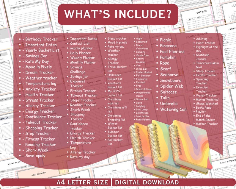 Puede incluir: Imagen de descarga digital con p&aacute;ginas de planificador imprimibles con rastreadores de estado de &aacute;nimo, salud y finanzas. La imagen tambi&eacute;n muestra tres cuadernos con espiral con cubiertas coloridas. El texto de la imagen dice "WHAT'S INCLUDE?" y "A4 LETTER SIZE DIGITAL DOWNLOAD."