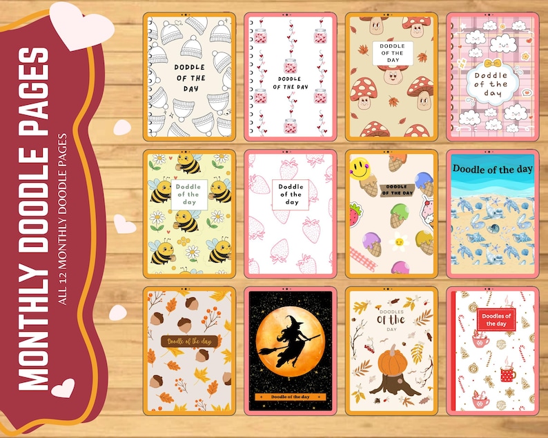 Puede incluir: Una colecci&oacute;n de 12 p&aacute;ginas mensuales de doodles con diversas ilustraciones tem&aacute;ticas. Cada p&aacute;gina presenta un dise&ntilde;o diferente, incluyendo sombreros, abejas, setas, fresas, helados y una bruja en una escoba. La frase "Doodle of the Day" est&aacute; presente en cada p&aacute;gina.