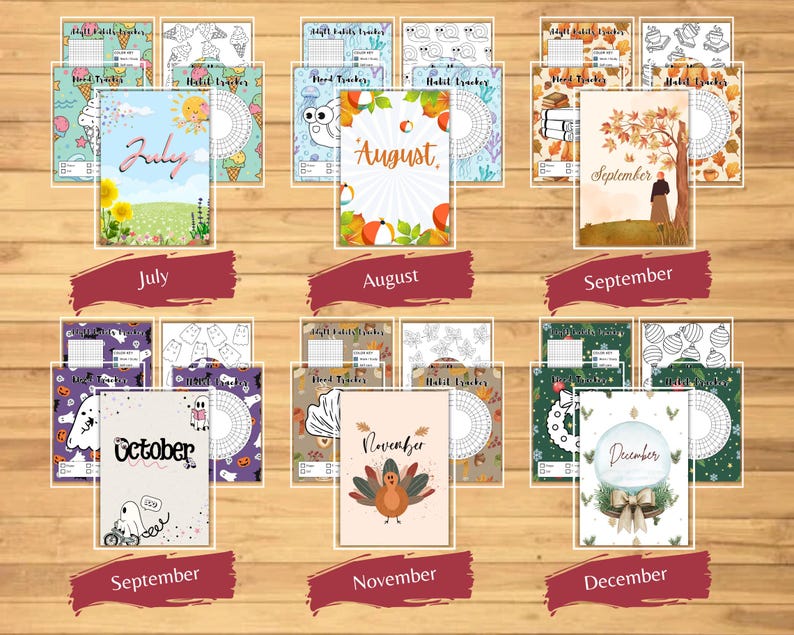 Puede incluir: Una colecci&oacute;n de rastreadores de h&aacute;bitos y estados de &aacute;nimo imprimibles para los meses de julio a diciembre. Cada rastreador presenta ilustraciones y dise&ntilde;os estacionales &uacute;nicos, con espacio para el seguimiento diario. Los meses se muestran con fuentes e im&aacute;genes decorativas.